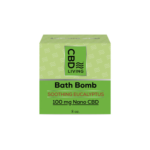 CBD Living Soothing Eucalyptus CBD Bath Bomb, green color package.