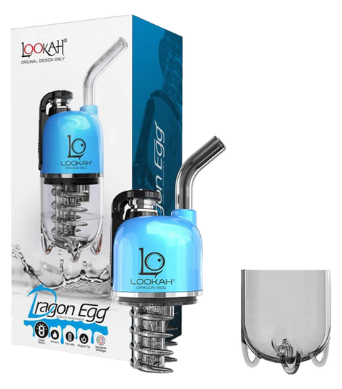 Lookah Dragon Egg E-rig showing the filter base removed. blue and clear device with white and blue packaging.