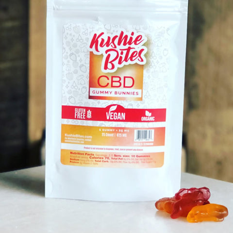 Kushie Bites CBD Vegan Bunnies. White and red package. 