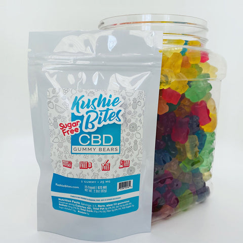 Kushie Bites Sugar Free CBD Gummy Bears. White and Blue package.