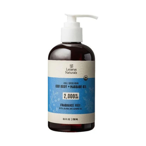 Lazarus Naturals CBD Body and Massage Oil. 2000mg amber bottle white and blue label.