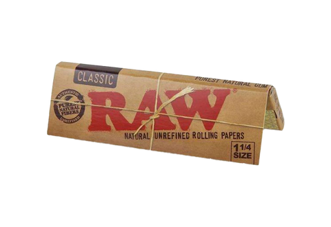 RAW Classic 1.25 rolling papers. Tan package with red letters