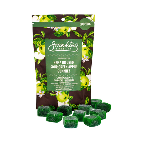 Smokiez Hemp Infused Sour Green Apple Gummies. CBD:CBG green and black packaging. 