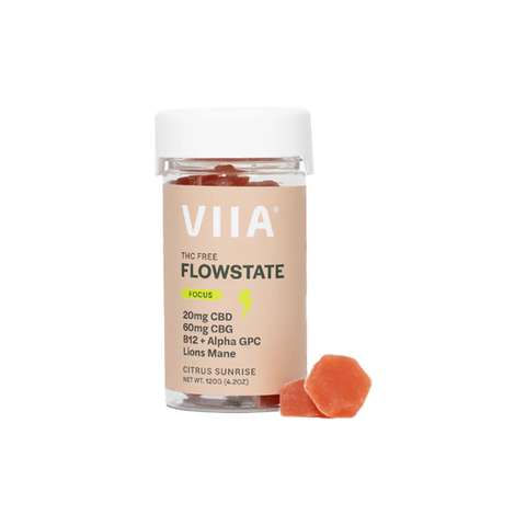 VIIA Hemp flowstate THC Free gummies. clear jar with beige label.