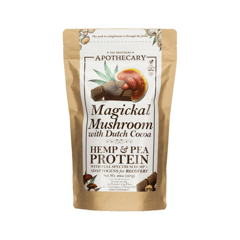 The Brothers Apothecary Magickal Mushroom Hemp Protein powder. Brown bag and label. 