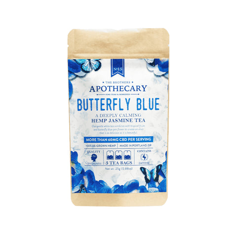 Brothers Apothecary Butterfly Blue tea. Blue and brown package.