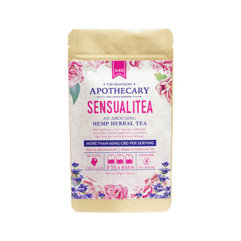 Brothers Apothecary Sensualitea CBD tea. White and pink bag. 