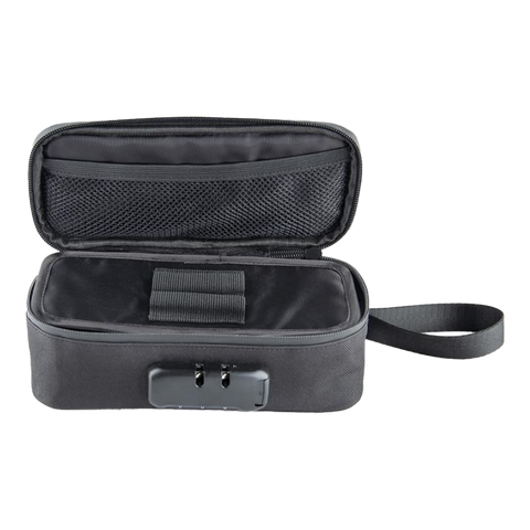 Ooze Traveler Pouch in black. Open to show interior features.