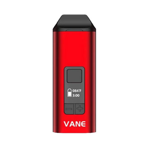 Yocan Vane dry herb vaporizer. Red device with black buttons.