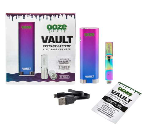Ooze Vault vape device and accessories. Rainbow color device, white and rainbow packaging.