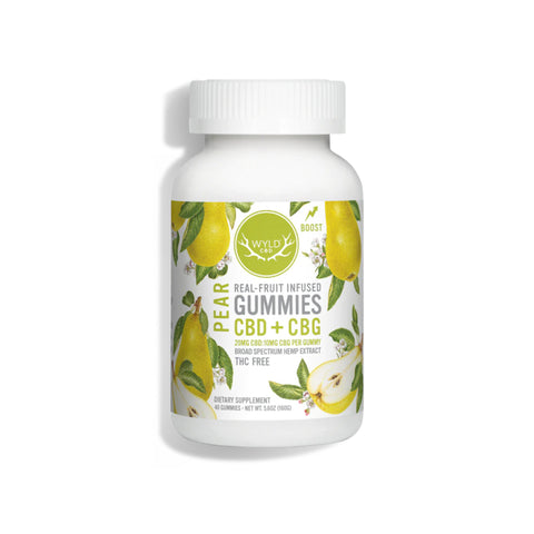 WYLD Pear flavor CBD gummies. Green and white package. 