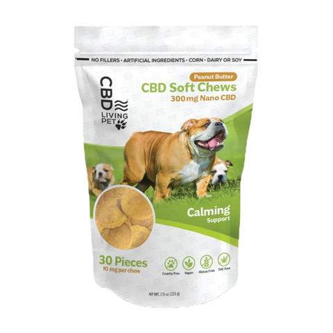 CBD Living Calming Dog Chews, Peanut Butter Flavor, Green and White bag