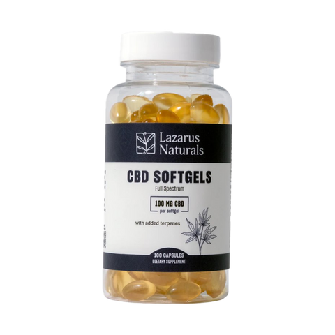 Lazarus Naturals 100mg CBD softgel. 100 count. white and blue label on a clear bottle.