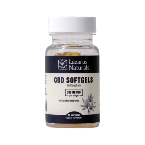 Lazarus Naturals 100mg CBD Softgels 40ct. Clear Jar with white and blue label.