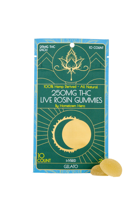 Hometown Hero Live Rosin gummies, Gelato flavor, green package