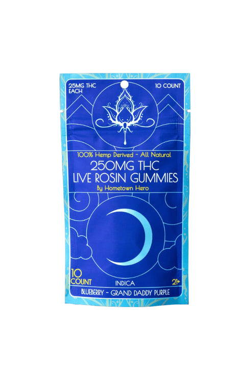 Hometown Hero Live Rosin gummies, Blueberry flavor, blue package