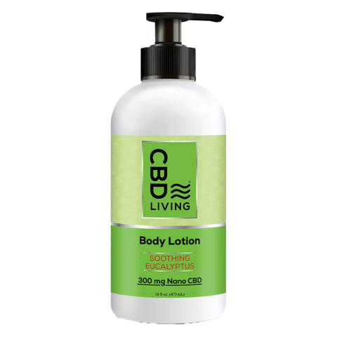 CBD Living Eucalyptus Body Lotion. 300mg CBD. White and Green Pump top bottle. 16oz