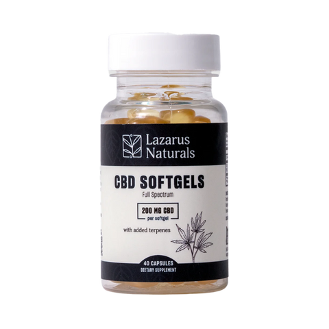 Lazarus Naturals 200mg CBD Softgels 40ct. Clear Jar with white and blue label.