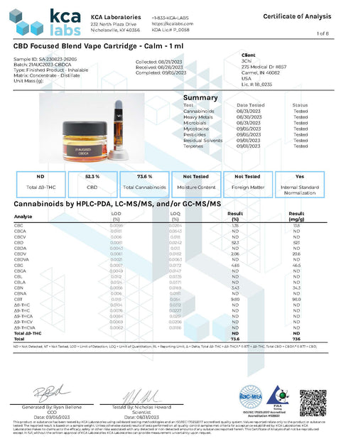 COA For 3 CHI Calm CBD Cartridge