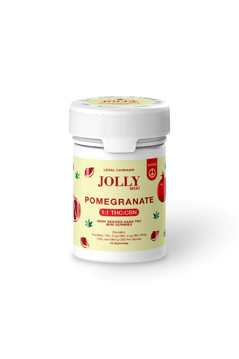 Jolly mini gummies, Pomegranate flavor, tan and white package