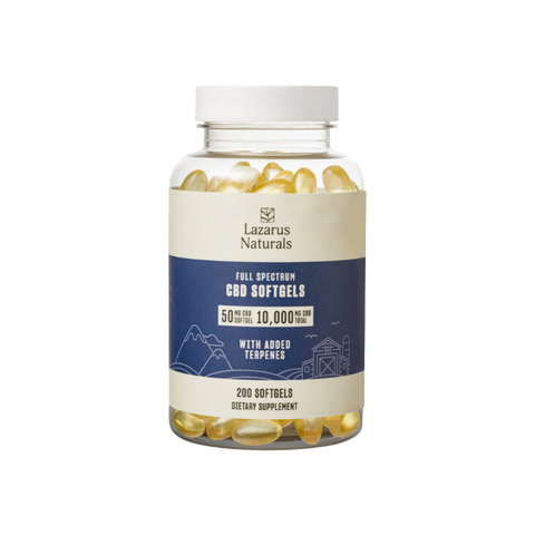 Lazarus Naturals 50mg CBD Softgels 200ct. Clear Jar with white and blue label.