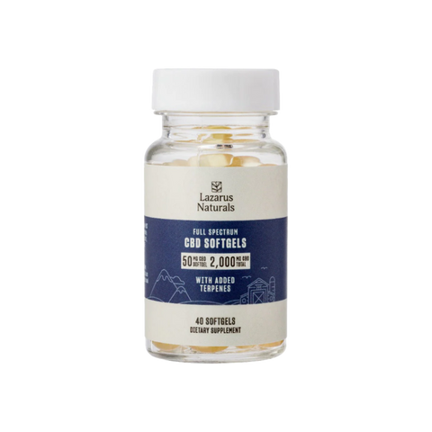 Lazarus Naturals 50mg CBD Softgels 40ct. Clear Jar with white and blue label.