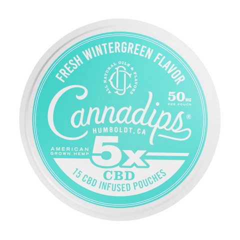 Cannadips fresh wintergreen 5x cbd pouches. 50mg per pouch. white and blue circular tin.
