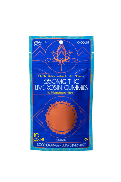 Hometown Hero Live Rosin gummies, Blood Orange flavor, blue package