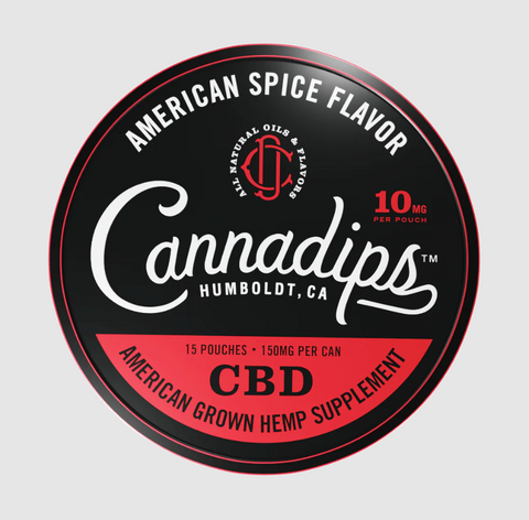Cannadips American Spice CBD Pouches. Black and red circular tin. 