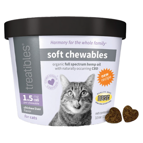 Treatibles cat soft chews. 1.5mg CBD chicken liver flavor purple and black package