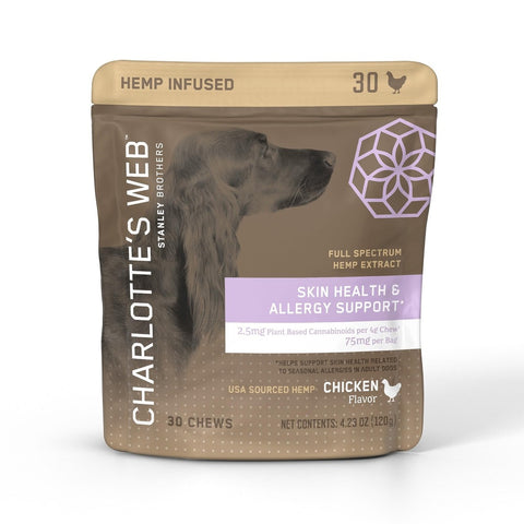 Charlottes Web Skin Health and Allergy Support Dog chews. Chicken Flavor, 30ct brown bag