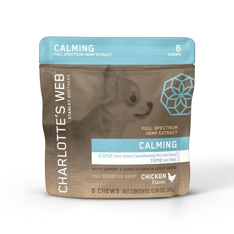 Charlottes Web Calming CBD dog Chews. Chicken Flavor 6ct brown bag