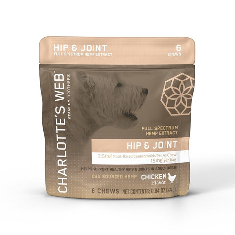 Charlottes Web Hip and Joint CBD dog chews Chicken Flavor. 6ct brown bag