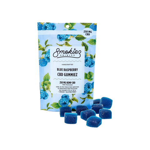 Smokiez Blue Raspberry CBD Gummies. Blue package.