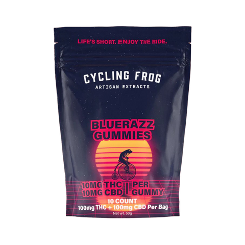 Cycling Frog Blue Razz Gummies 10 count CBD:THC gummies. Black and orange bag