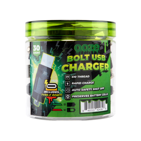 Ooze Bolt USB 510 battery charger. Clear Jar with green label containing 30 units. 