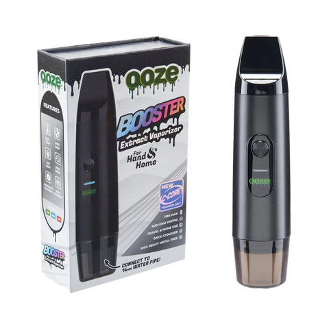 Ooze Booster concentrate vaporizer. white and black packaging. Black device. 