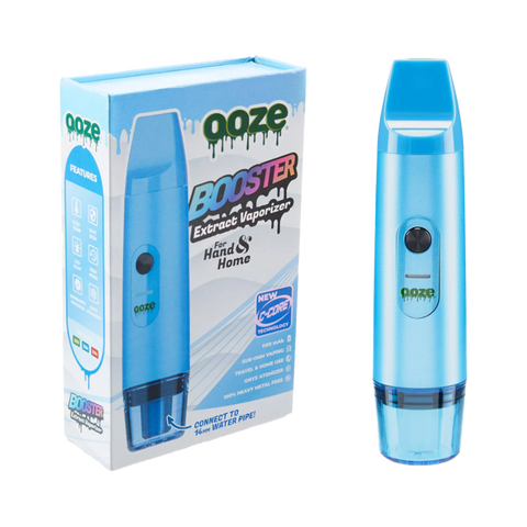 Ooze Booster Concentrate Vaporizer. Blue and white packaging, Blue device. 