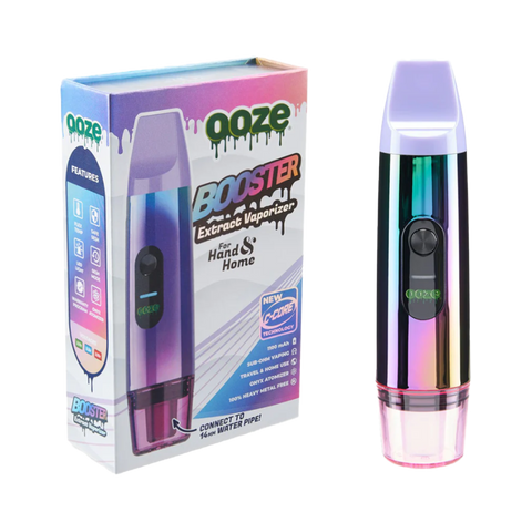 Ooze Booster Extract Vaporizer device in Rainbow. White and Rainbow package.