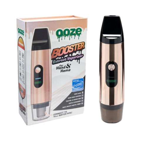 Ooze Booster Extract Vaporizer device in gold. White and gold package.