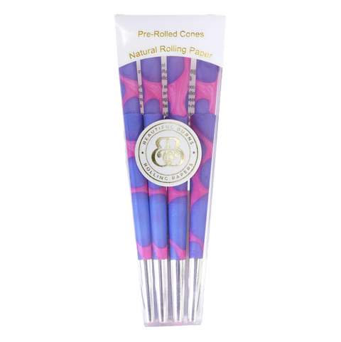 Beautiful Burns Bubble Gum Lava Lamp preroll cones. 6 pack. Clear package with purple and pink cones. 