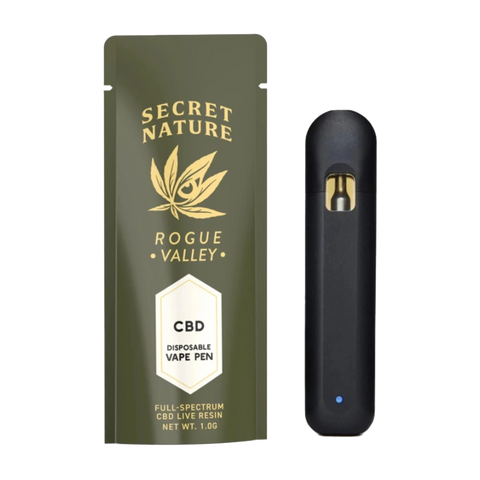 Secret Nature CBD Vape and Package. 1g disposable unit. Green bag with gold letters, black device.
