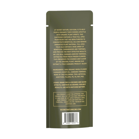 Back of a Secret Nature Disposable package showing warnings and information. Green color with gold letters.