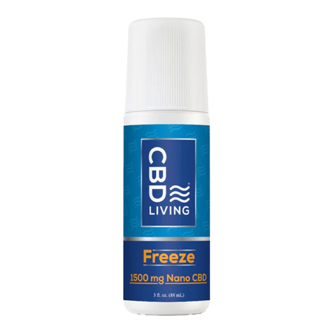 CBD Living freeze. 1500mg nano CBD per container. White container with blue label. 