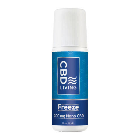 CBD Living CBD Freeze. 300mg Nano CBD per container. White container with blue label. 