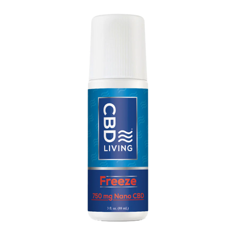 CBD Living Freeze. 750mg nano CBD per container. White container with a blue label. 