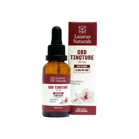 Lazarus Naturals CBD Isolate Tincture Strawberry Hibiscus Flavor. white and red label on amber bottle