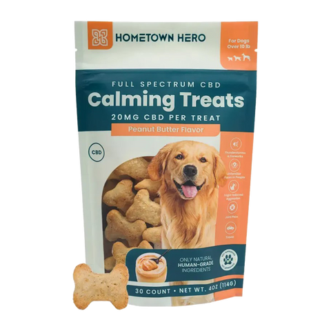 Hometown Hero calming cbd dog treats. 20mg per treat, 30 count per bag. blue and orange package. 