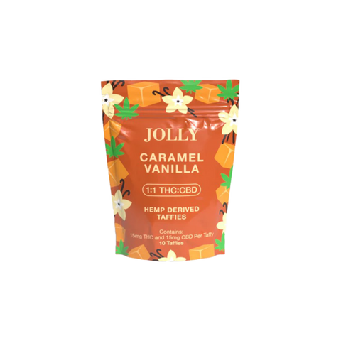 Jolly Cannabis Caramel Vanilla 1:1 CBD:THC taffy Brown bag