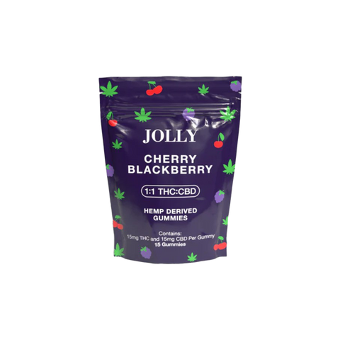 Jolly Cannabis Cherry Blackberry 1:1 CBD:THC gummies. Purple bag